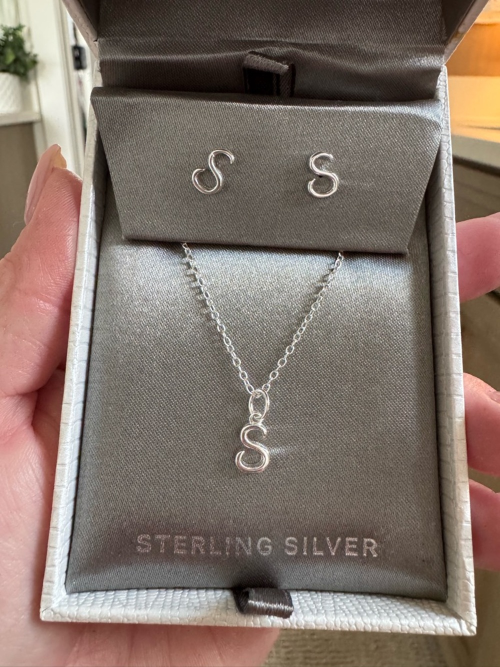 Sterling Silver 'S' Initial Necklace and Earring Set - Silver